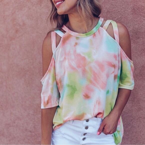 Sherbet Neon Baby French Terry Tie Dye Cold Shoulder Top Sizes Small & Med NWT - Picture 1 of 6